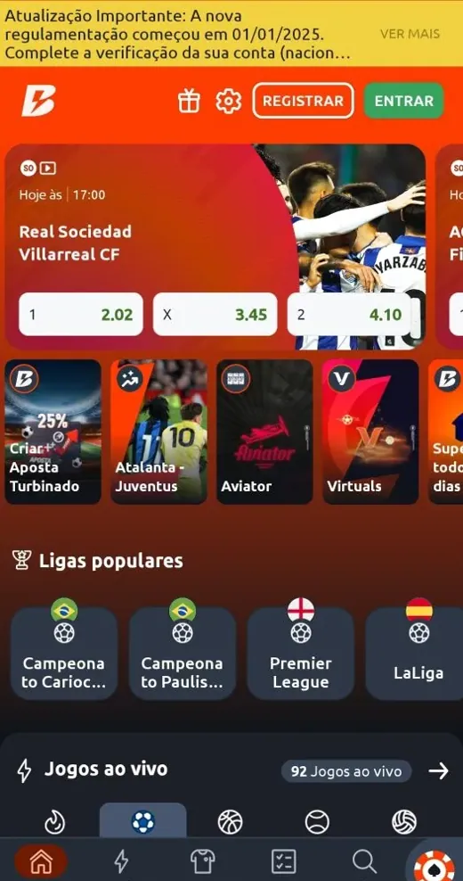 Interface mobile da Betano com apostas esportivas e jogos