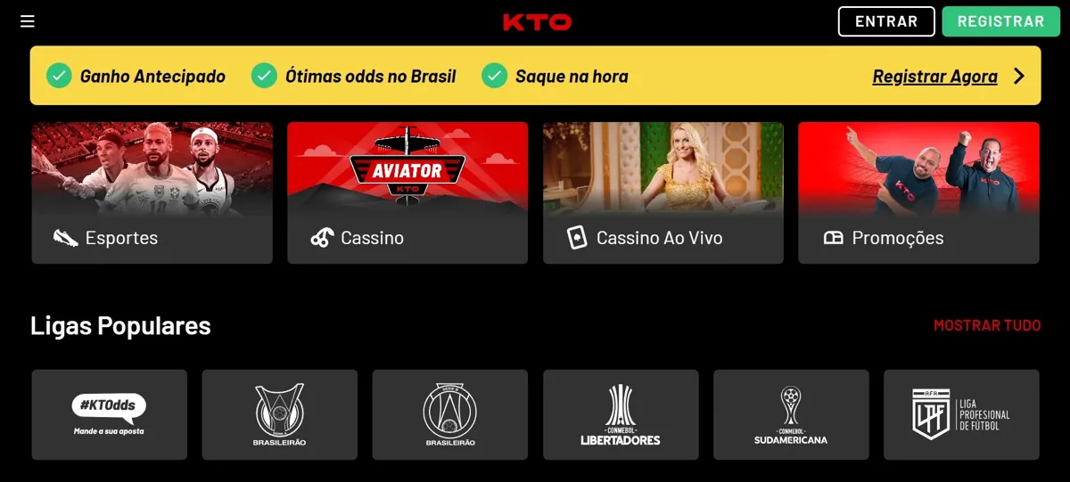 Página inicial da KTO com atalhos para esportes e cassino