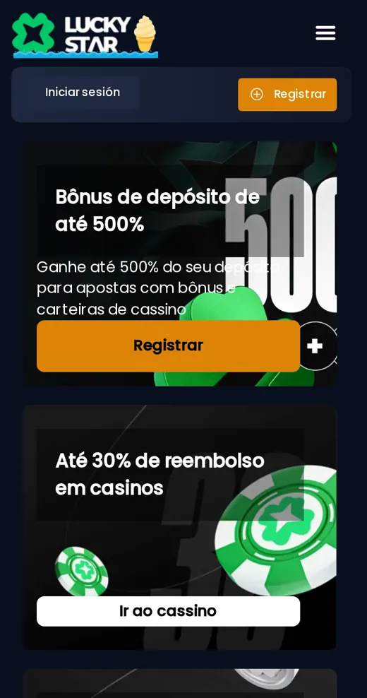 Interface móvel do LuckyStar com ofertas de bônus de depósito de até 500%.